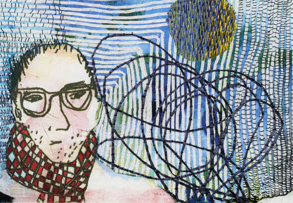 Jane McKeating, Jim on his Friday Walk. Detail 1. Print and stitch on scrap cotton bedding.
The story: On Tuesday, Jim walked to buy his newspaper. He glanced at the headlines, then looked up and studied the sky as he retraced his steps. He allowed the weather to scramble then unscramble his thoughts. He felt calmer by the time he was home, and he put the kettle on.