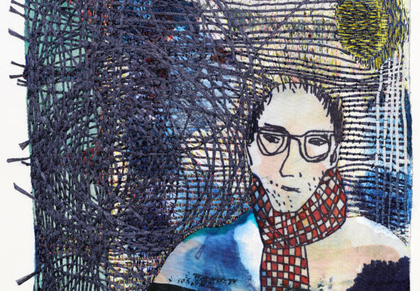 Jane McKeating, Jim on his Tuesday Walk. Print and stitch on scrap cotton bedding.
The story: On Tuesday, Jim walked to buy his newspaper. He glanced at the headlines, then looked up and studied the sky as he retraced his steps. He allowed the weather to scramble then unscramble his thoughts. He felt calmer by the time he was home, and he put the kettle on.
