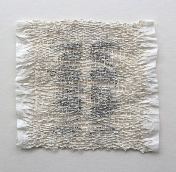 Eleanor Burkett, Between Colliding Banks. Weaving made from discarded pages of a poem called Punting to Islip. Photograph by David Brunetti.