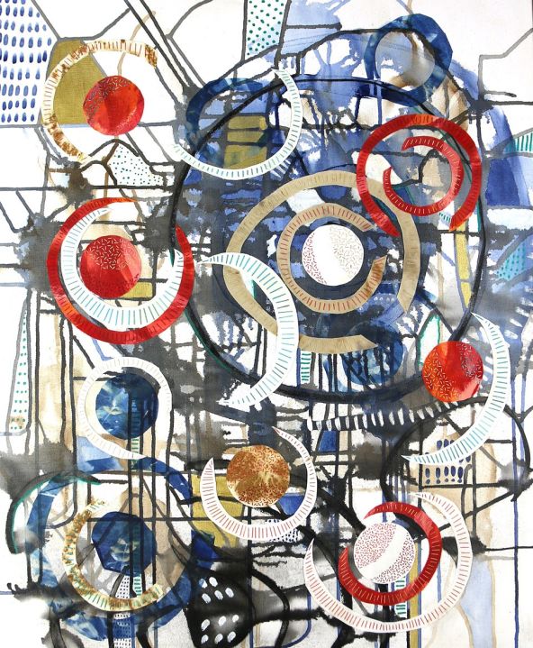 Gillian Cooper, Vestiges Slab. Acrylic paint and ink, walnut ink, fabric, and thread (some of which is hand-dyed), cyanotyped abaca paper on canvas. 76 × 61 cm.