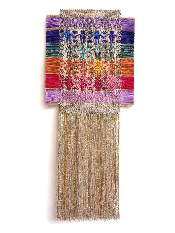 Jenny Waterson. Becoming (golden). Hand weave with stitch. Linen, cotton, rayon and Lurex yarns.