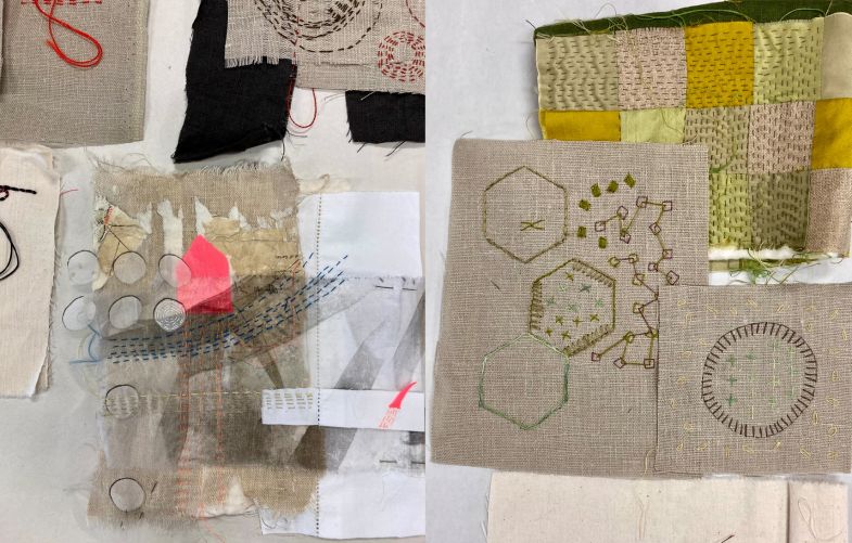 A composite collection of experimental stitch samples created by members, showcasing diverse mark-making, exploratory line work, and layered textile surfaces.