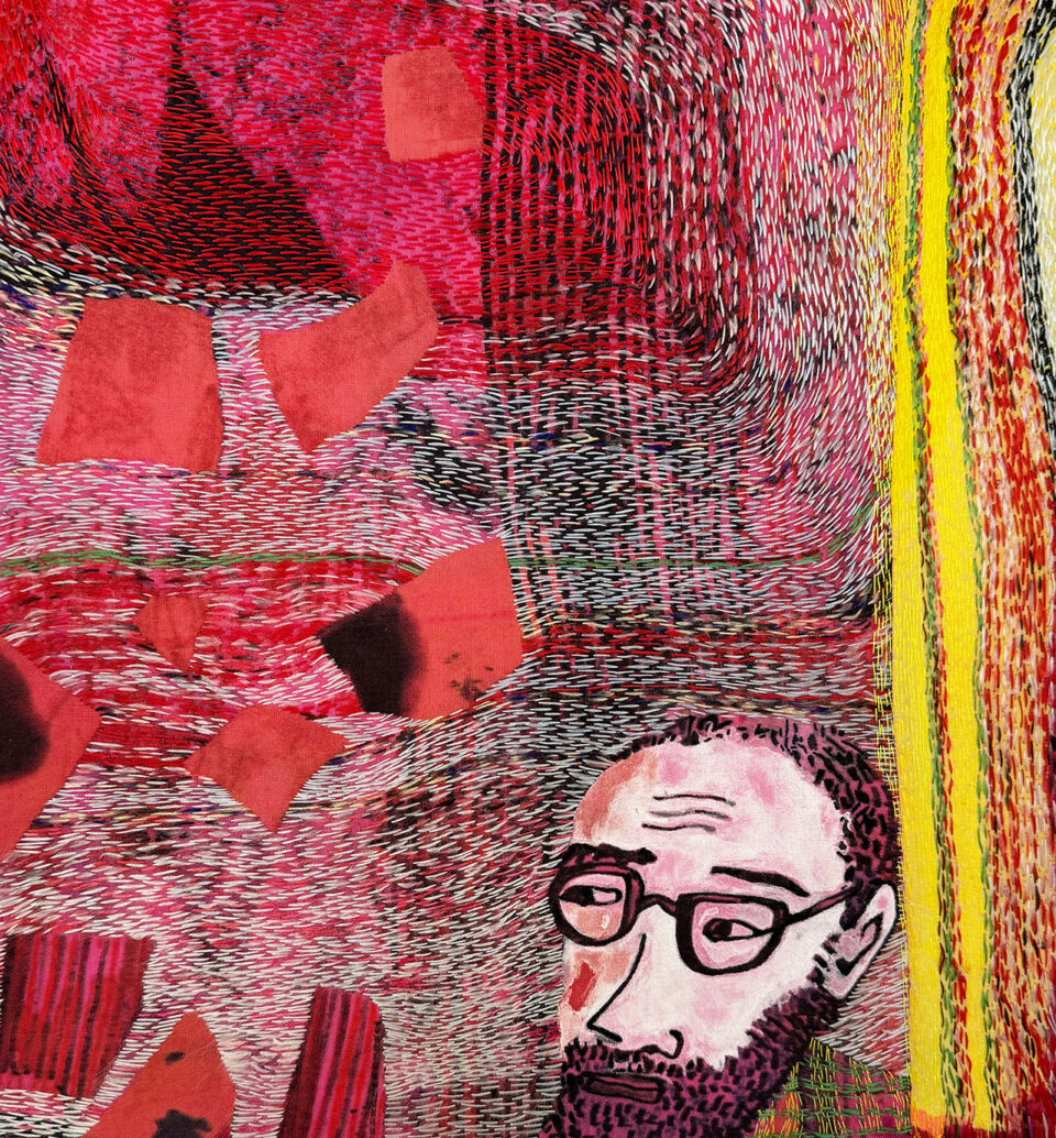 Jane McKeating, A Little Scrap of Synesthesia.
Hand stitch and print onto scrap cotton bedding.
The story: Frank was listening to the News. He decided to focus on the colours of the words – much less worrying that way.