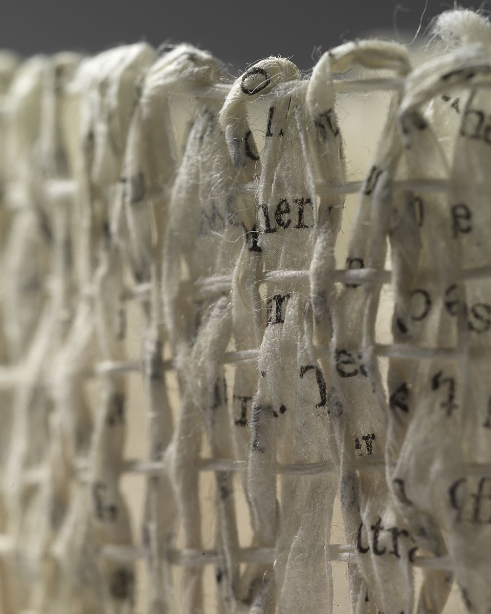 Eleanor Burkett, The Deep North (detail). Woven handmade paper thread made from discarded pages of a 1965 booklet about the paper-textiles of Shiroishi NE Japan. Photograph by David Brunetti.