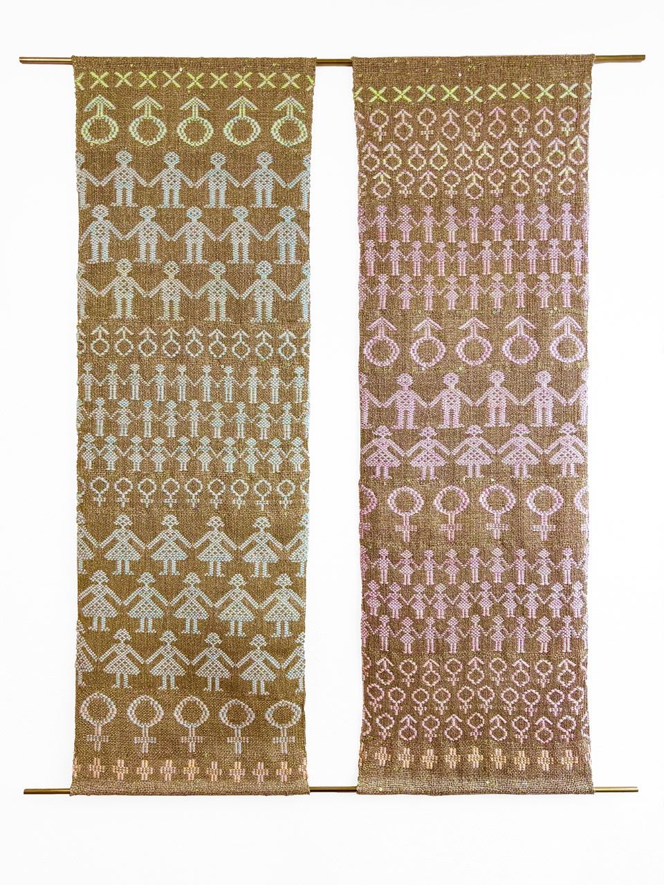 Jenny Waterson. Becoming (happy smiley people). Hand weave. Hemp, wool, viscose, rayon and Lurex yarns, brass rods.