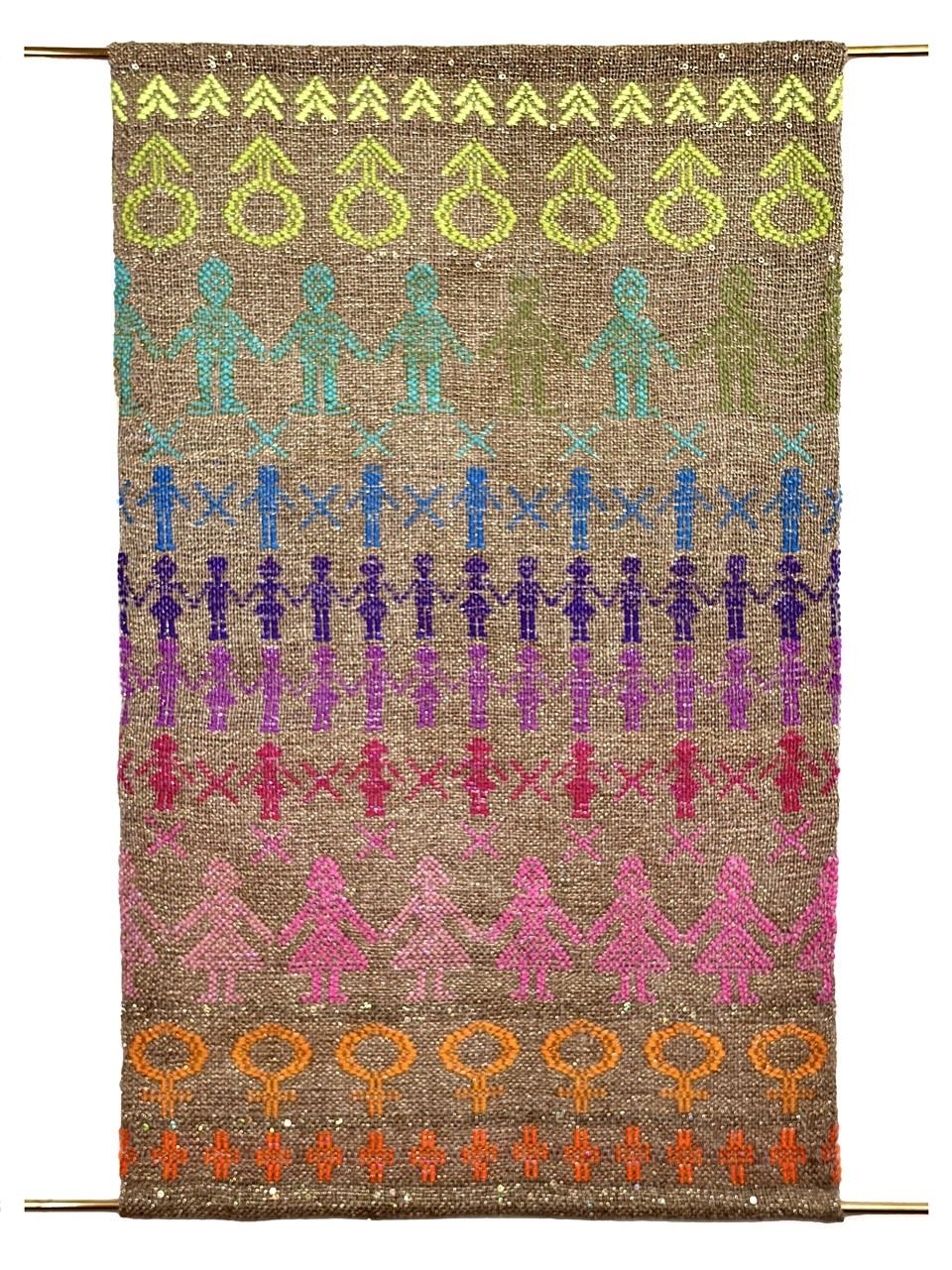 Jenny Waterson Becoming (glow). Hand weave with stitch. Hemp, wool, rayon and Lurex yarns, brass rods.