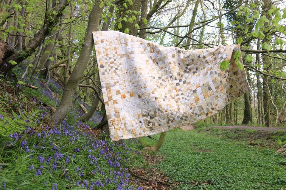 Gillian Cooper, 2,512. Cotton, silk, and linen stained with plants and rust; machine pieced and quilted. 130 x 180 cm.