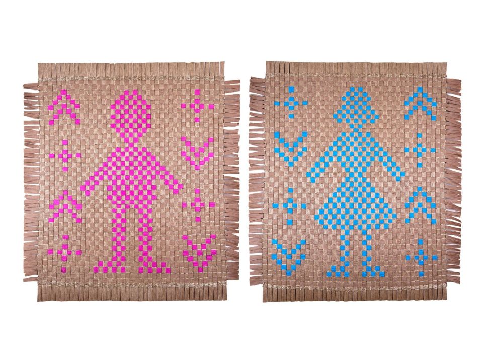 Jenny Waterson. Roseus/Caerulea.  Hand weave. Paper band, paper raffia and Lurex yarns.