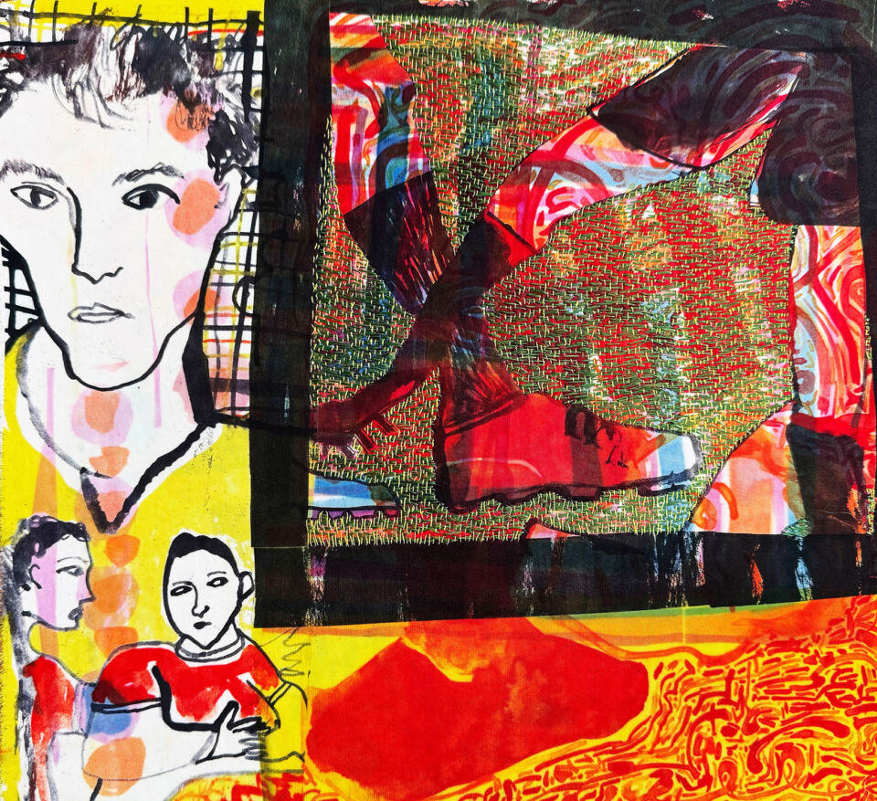 Jane McKeating, Polyester United Detail 3. A group of 15 football shirt fronts printed and hand stitched on polyester offcuts. 
The story: Grandma isn’t into football, but she watches the shirts becoming a universal costume. In the playground, down the pub and on the tele, shirts on men, women, children, babies. Are you blue, red, yellow or another fancy mixture? The fabric stretches well over any belly and drip dries quickly, though she misses giving things a good press as she rather likes ironing. She reflects that over time our cloths have disappeared as they rot back to the earth, but this lot won’t. Its fossilised seam will capture a crazy species wrapped in multicoloured polyester.