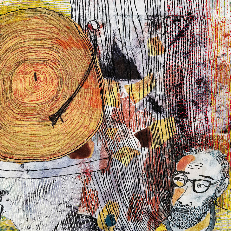 Jane McKeating, Oily Rag. Hand stitch and print onto a cleaning up rag. 
The Story: After a productive, if messy day Frank decided to be printed onto the cleaning up cloth as it was a shame to put it in the bin. Then he danced and danced to his old LPs.